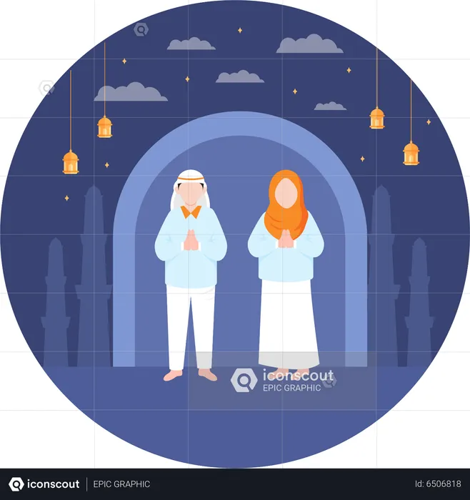 Couple islamique faisant la prière à la mosquée  Illustration