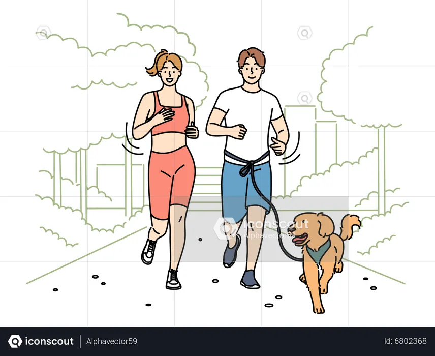 Couple jogging in morning with pet dog  Illustration