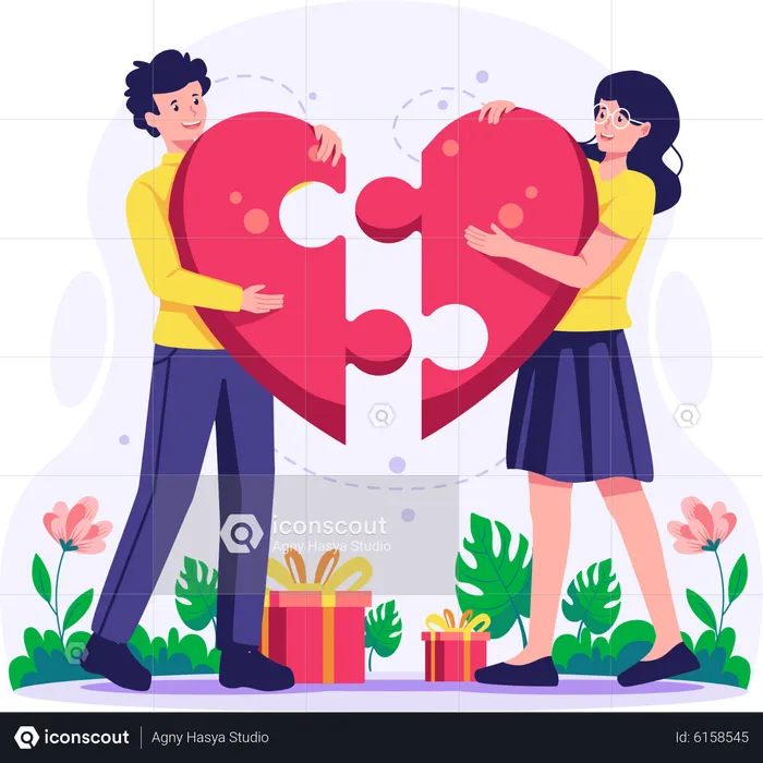 Couple joining jigsaw pieces of heart  Illustration