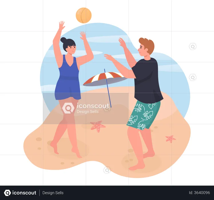 Couple jouant avec le ballon sur la plage  Illustration