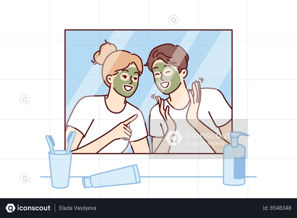 Un couple joyeux avec un masque rajeunissant sur les visages se regarde dans le miroir  Illustration