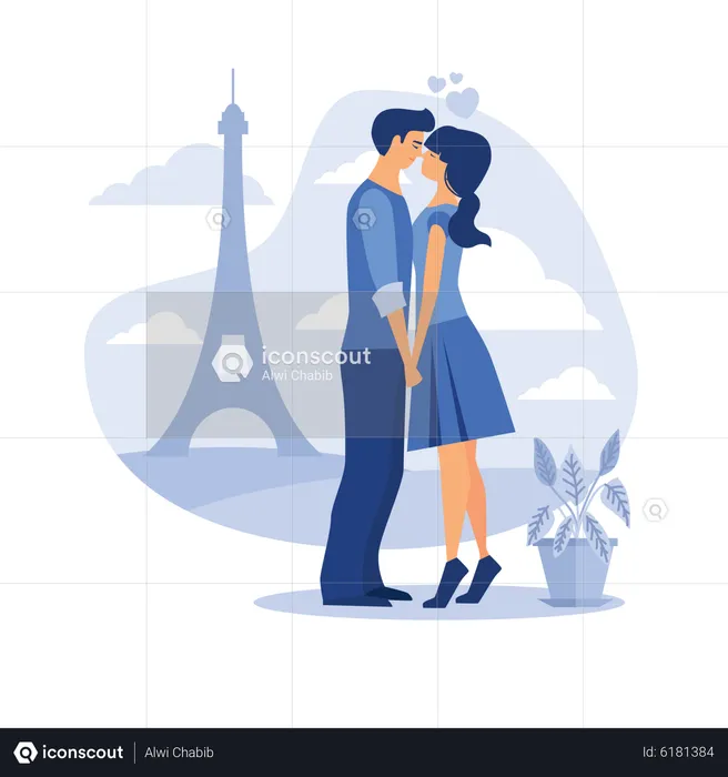 Couple kissing each other at Eiffel tower  Illustration