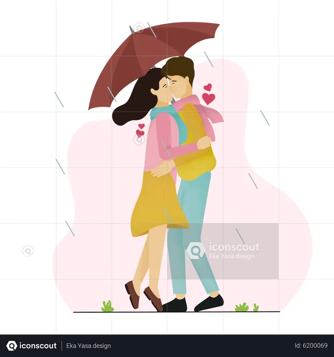 Couple kissing in the rain  Illustration