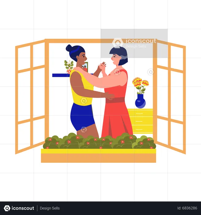 Couple de lesbiennes dansant dans la maison  Illustration