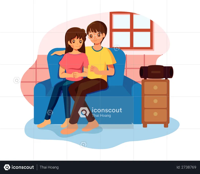 Couple listening music on smart speaker  Illustration