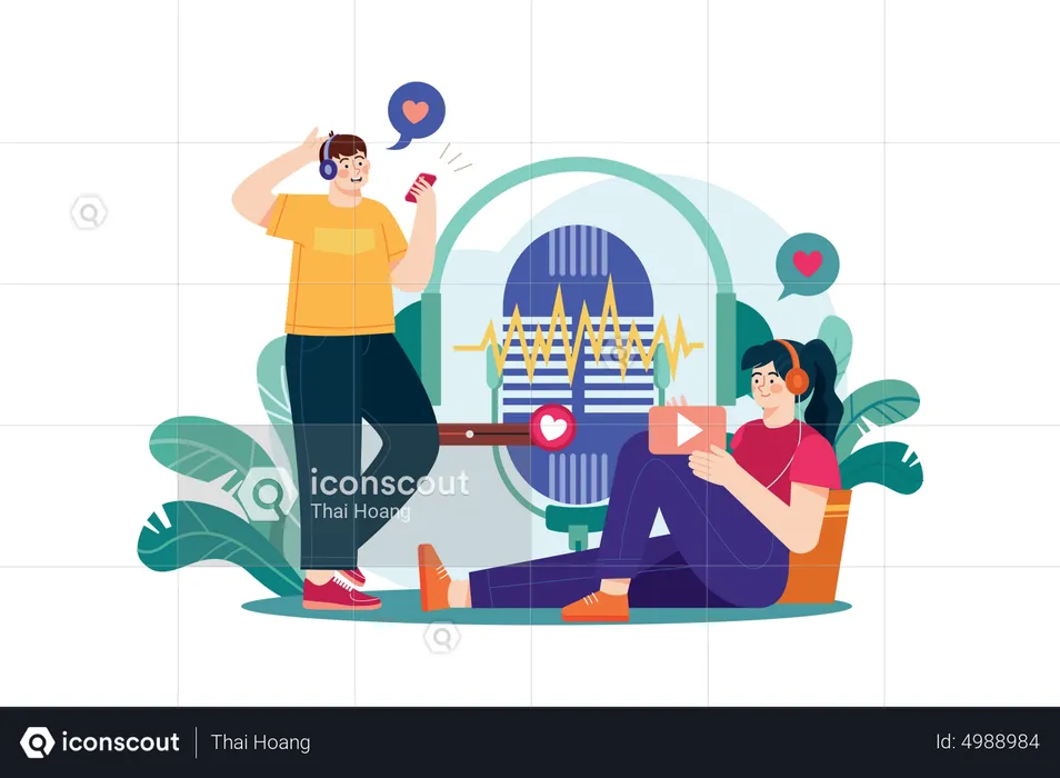 Couple Listening To A Romantic Podcast  Illustration