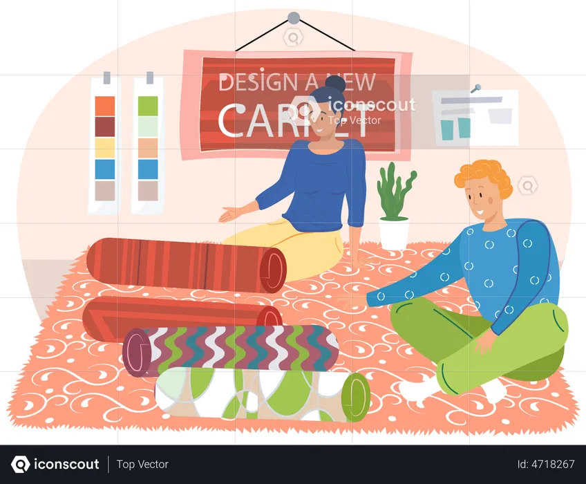 Couple looking at different carpet designs  Illustration