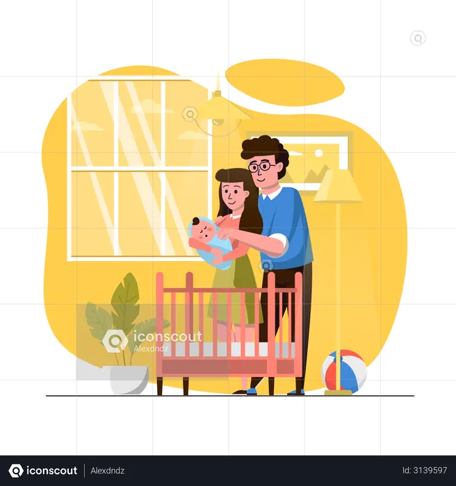 Couple looking at newborn kid  Illustration