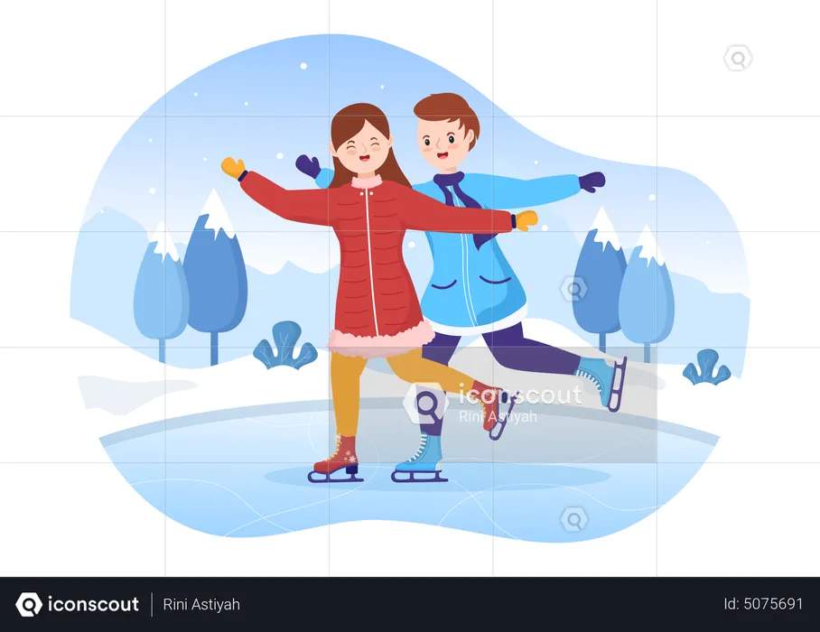 Couple loves doing ice skating together  Illustration