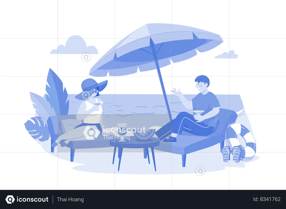 Couple lying on beach lounge and drinking cocktail  Illustration