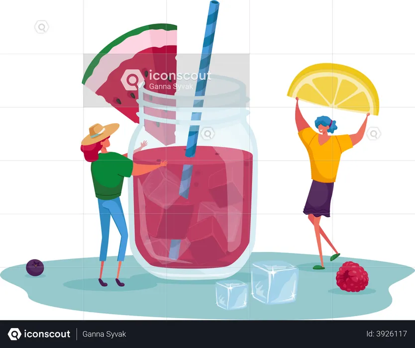 Couple making a glass of watermelon mocktail  Illustration