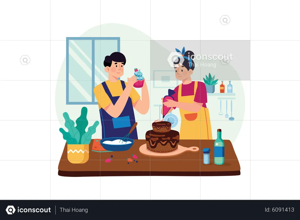 Couple faisant un gâteau  Illustration