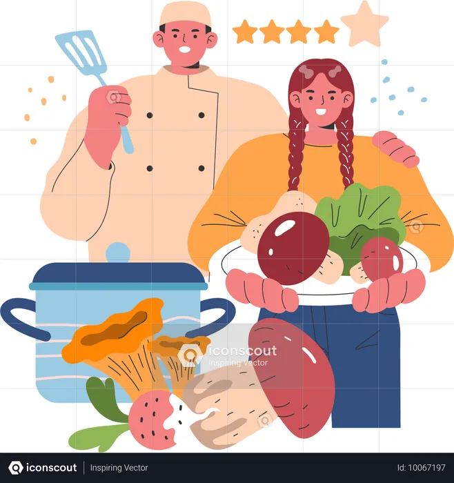 Couple making mushroom recipe  Illustration