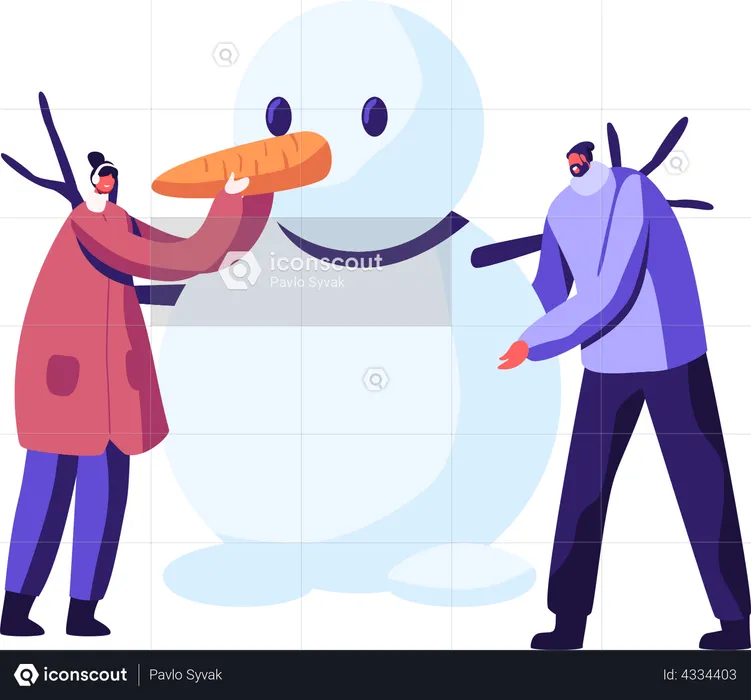 Couple making snowman  Illustration