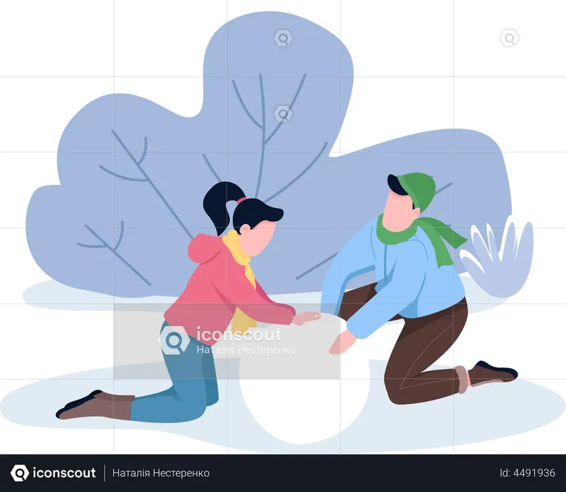 Couple making snowman together  Illustration