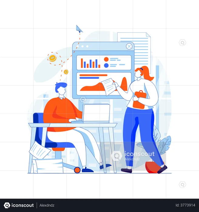 Couple managing data analysis  Illustration