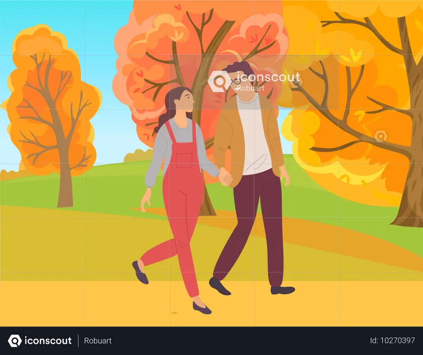 Couple marchant dans la forêt d'automne  Illustration