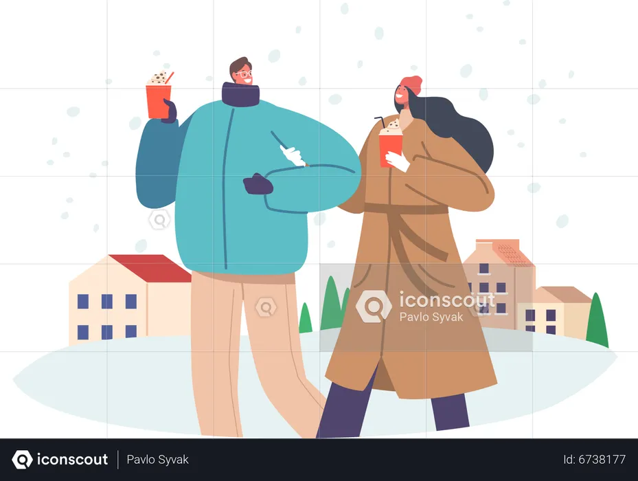 Couple marchant ensemble dans la neige  Illustration