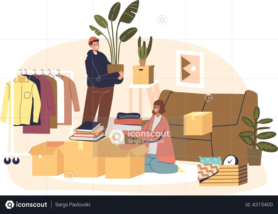 Couple moving to new house packing clothes and plants together in living room  Illustration
