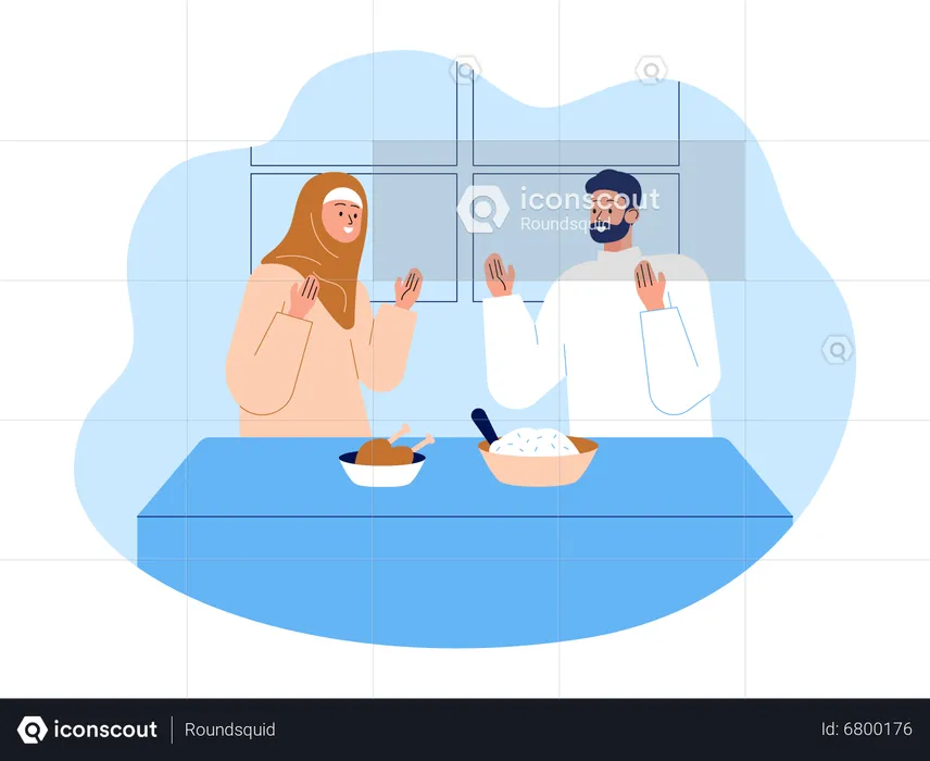 Couple musulman faisant la prière avant de prendre de la nourriture iftar  Illustration