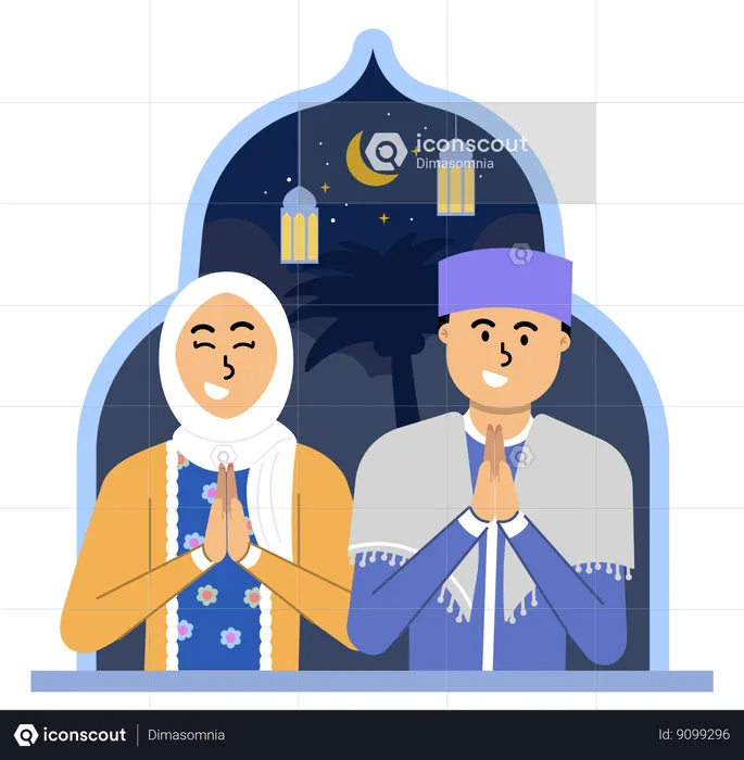 Un couple musulman joyeux joignit les mains pour célébrer l'Aïd al-Fitr  Illustration