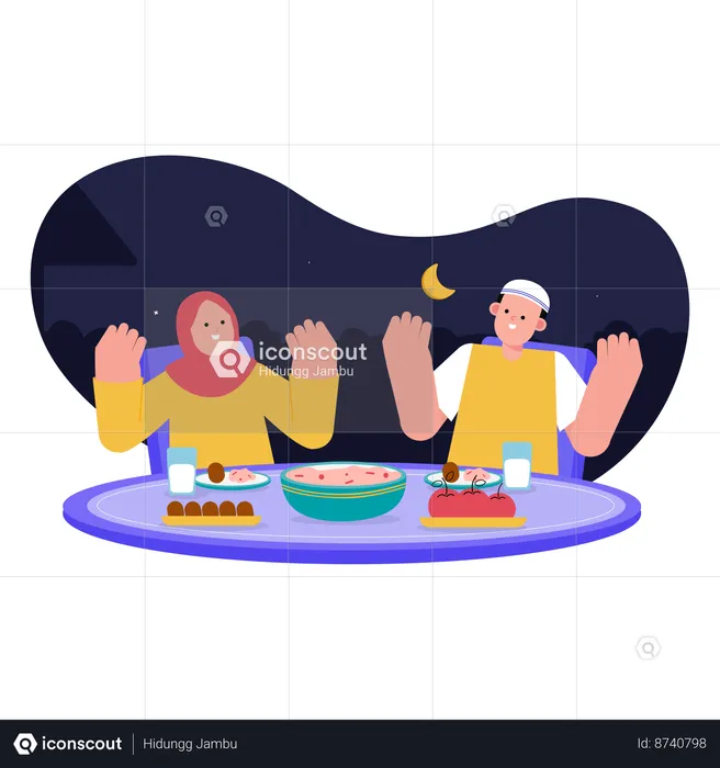 Couple musulman prenant de la nourriture Iftar  Illustration