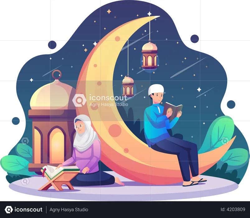 Couple musulman priant pendant le Ramadan Kareem  Illustration