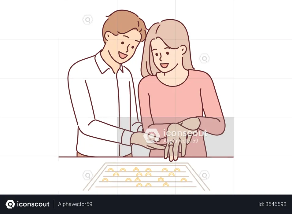 Couple newlyweds choose engagement ring in jewelry store  Illustration