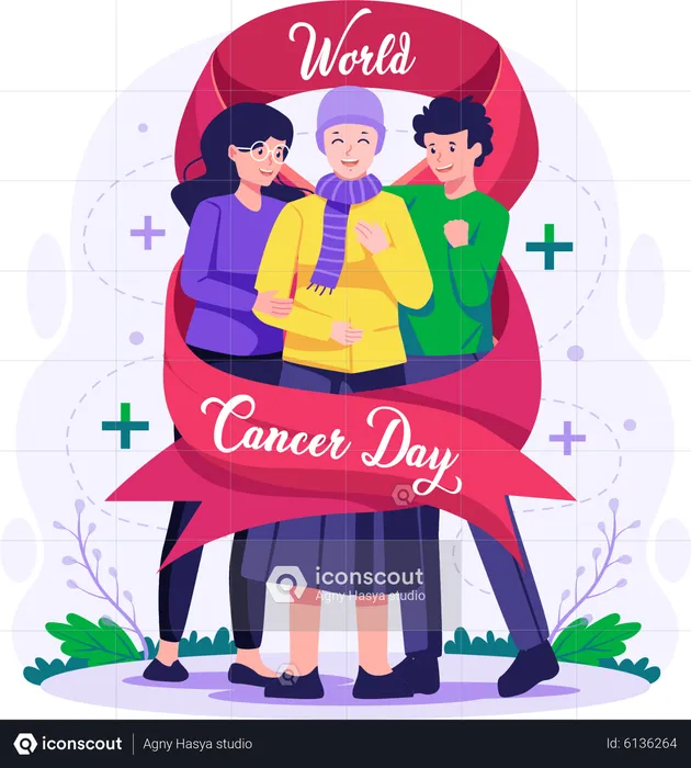 Couple of friends hugging female cancer patient  Illustration
