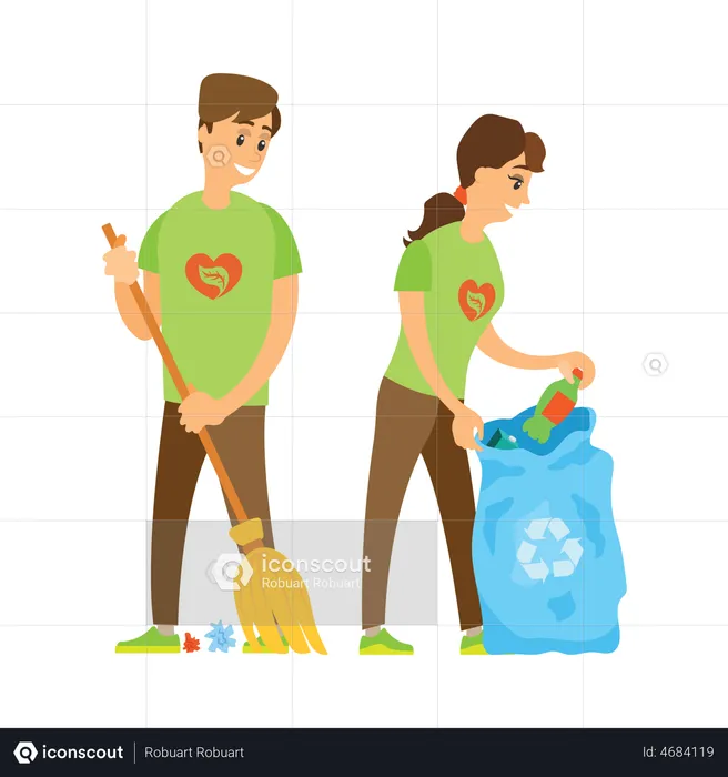 Couple of volunteer collecting trash  Illustration