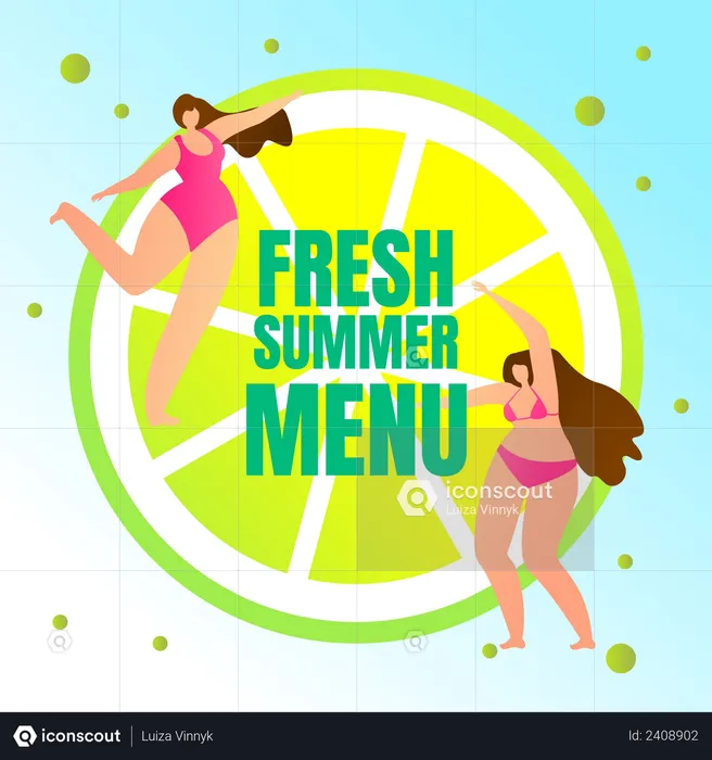 Couple of Young Sexy Girls in Swimming Suits Dancing on Huge Lemon Slice  Illustration