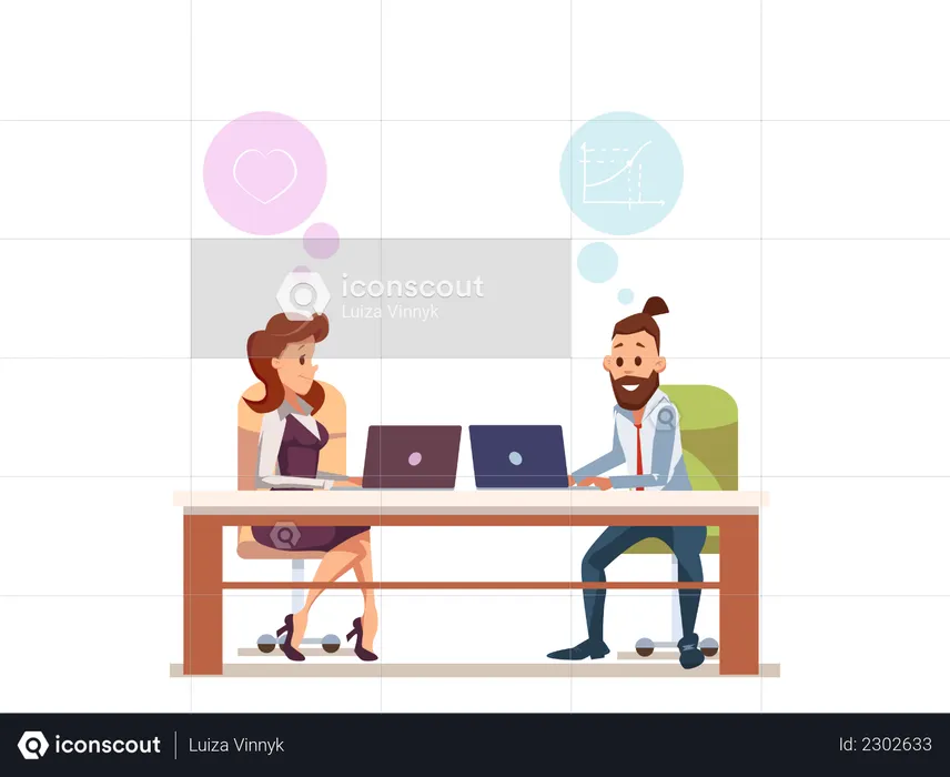 Couple Office Worker Sit at Workplace with Laptop  Illustration