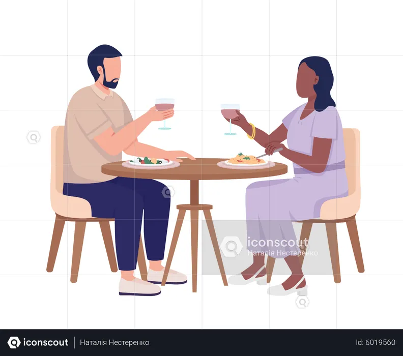 Couple on date drinking wine and eating meals  Illustration