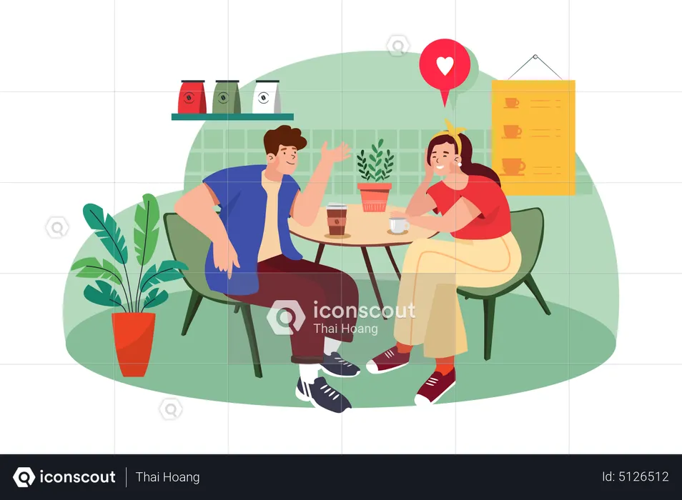 Couple On Dating In Café  Illustration