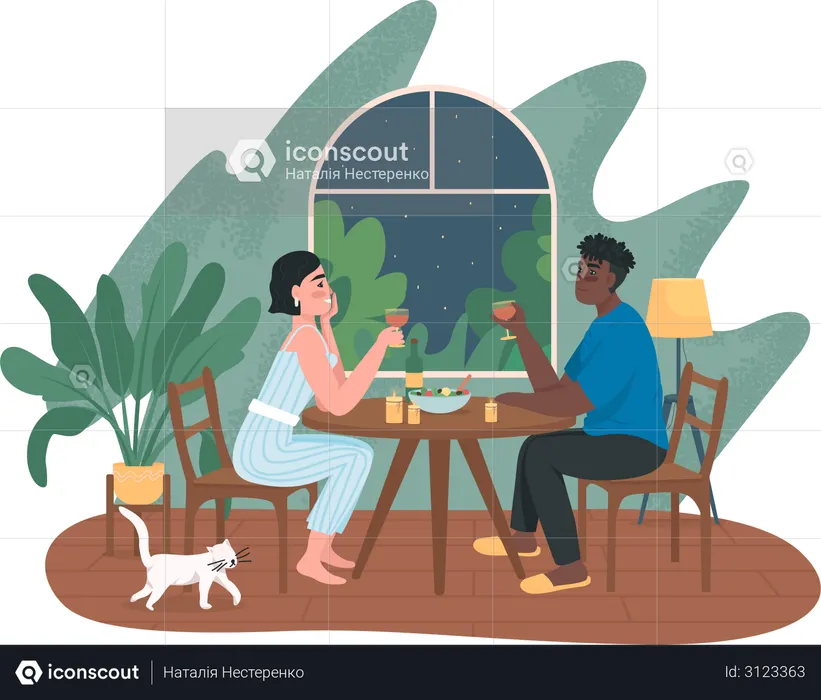 Couple on romantic dinner date at home  Illustration
