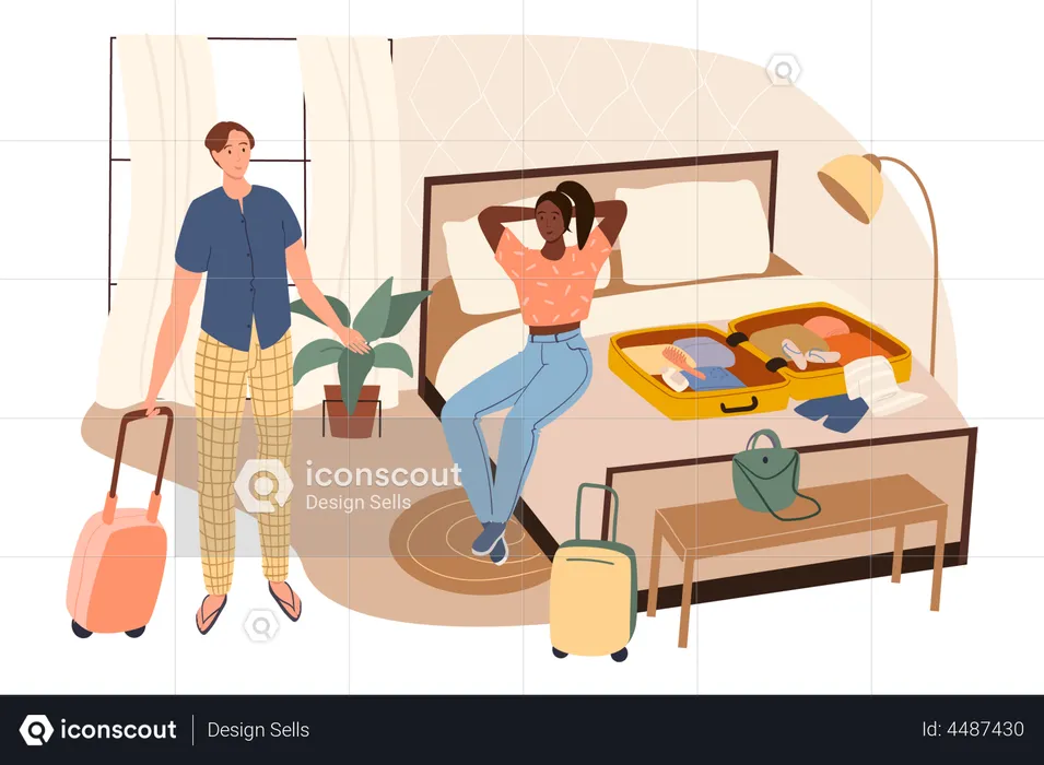 Couple packing clothes in suitcases at home  Illustration
