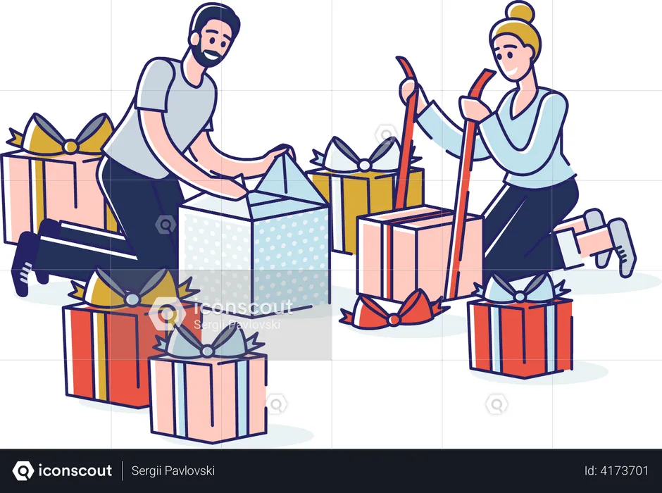 Couple packing gift boxes together  Illustration