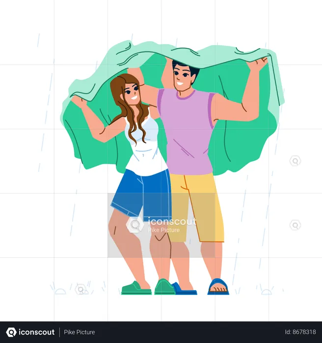 Couple partageant un imperméable sous la pluie  Illustration