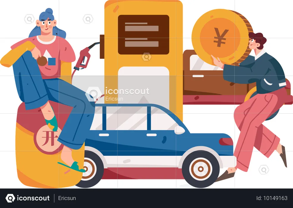 Un couple paie le plein de diesel de sa voiture  Illustration