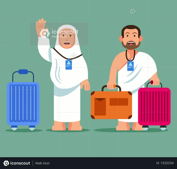 Couple pilgrims carrying whelled briefcase  ready for pilgimage trip to Mecca.  Illustration