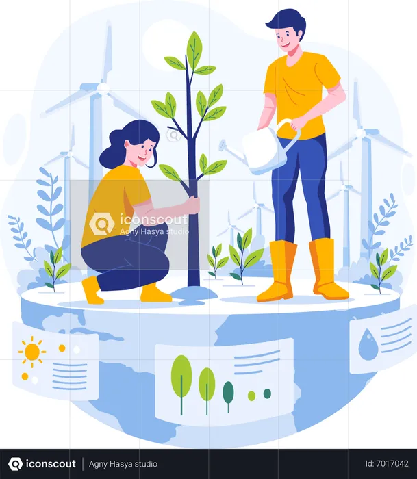Couple planting and watering a tree  Illustration