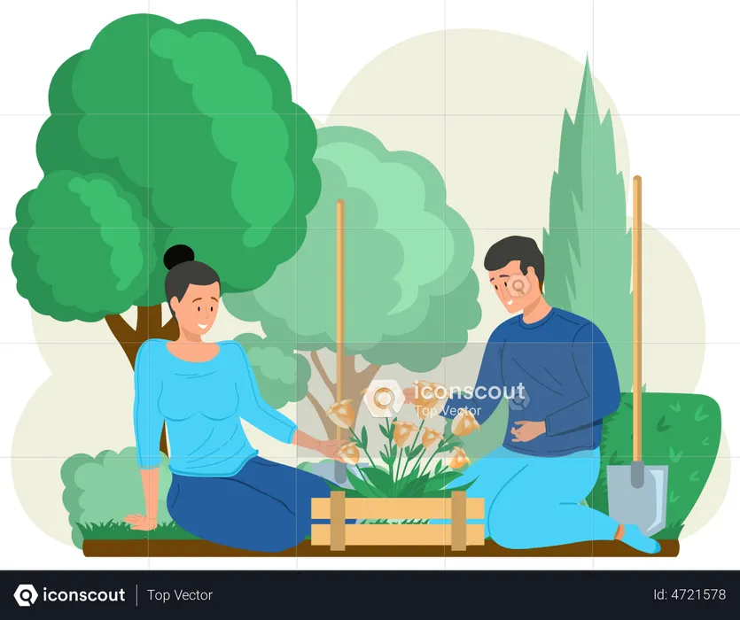 Couple planting flowers  Illustration