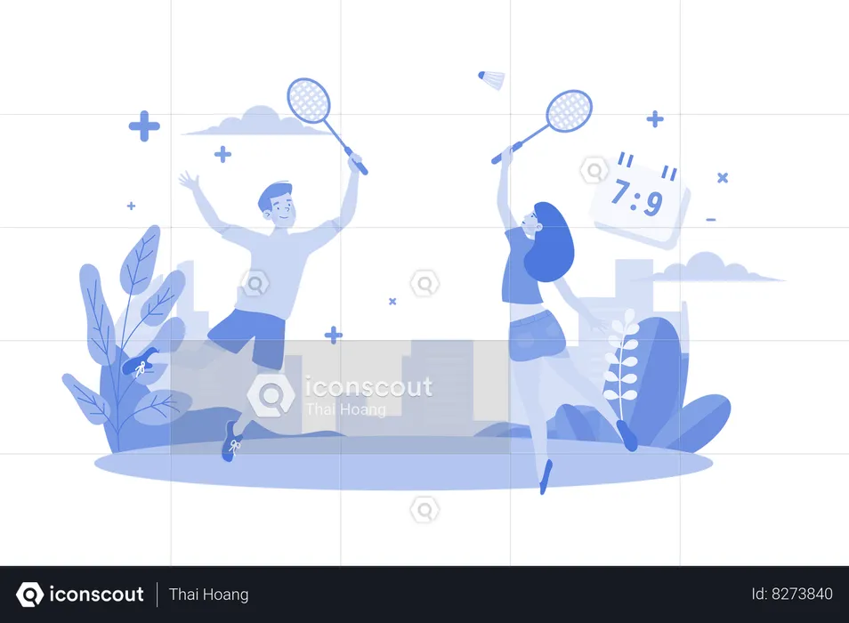 Couple Playing Badminton  Illustration