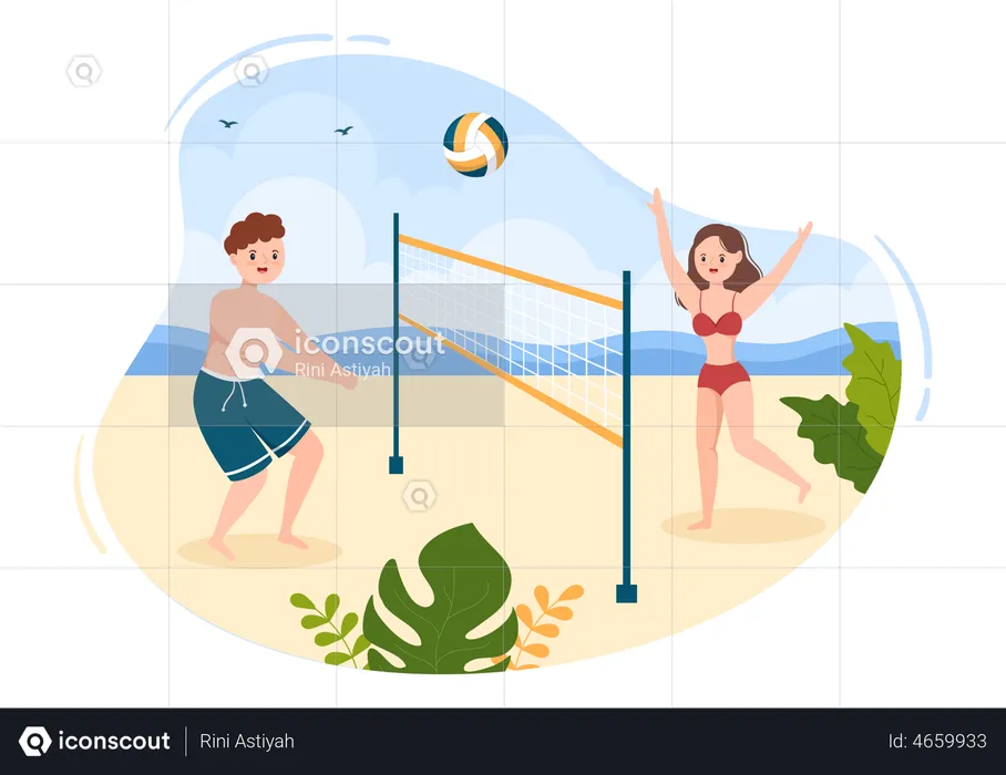 Couple playing beach volleyball  Illustration