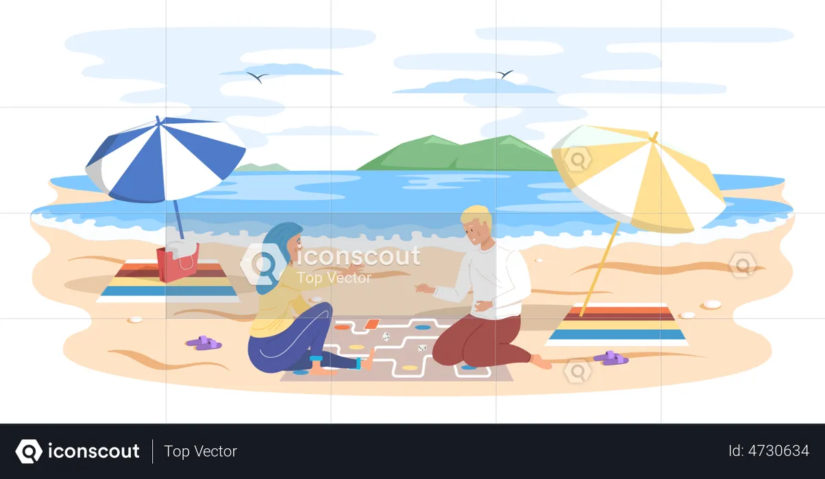 Couple playing board game sitting on sandy beach  Illustration