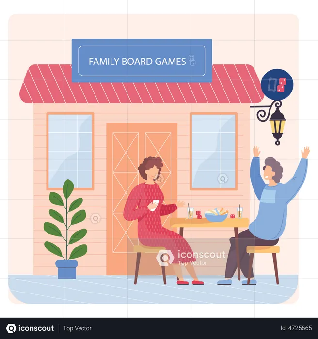 Couple playing board game with eating food  Illustration