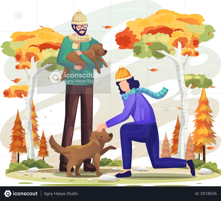 Couple playing together with dog  Illustration