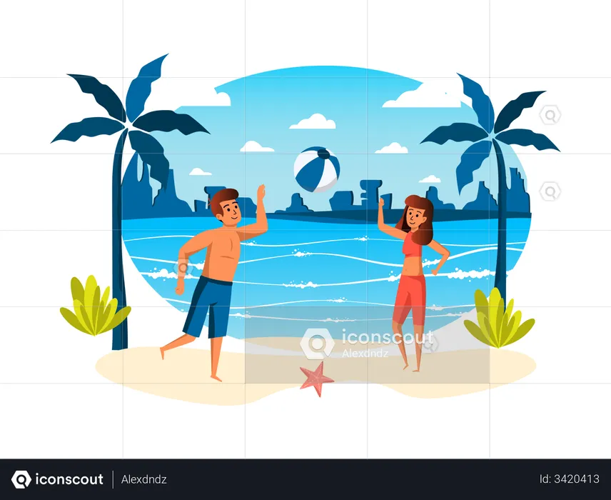 Couple playing with ball on beach  Illustration