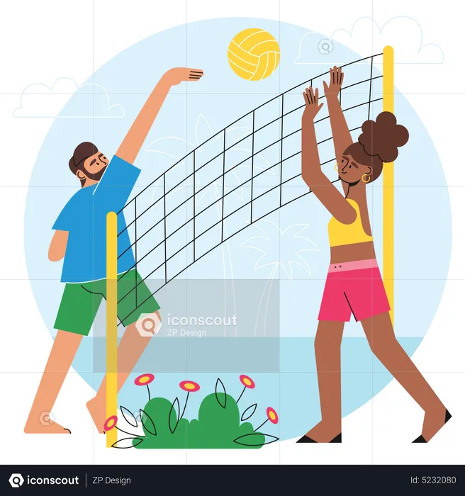 Couple Plying Beach Volleyball  Illustration