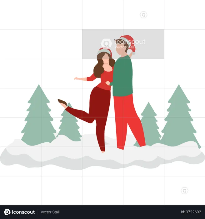 Couple posant pour une photo dans la neige  Illustration